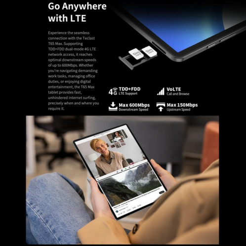 Tablette PC Teclast T65 Max 13 pouces, 8 Go + 256 Go, Android 14 MediaTek Helio G99 Octa Core, 4G LTE double SIM ST7201802-030