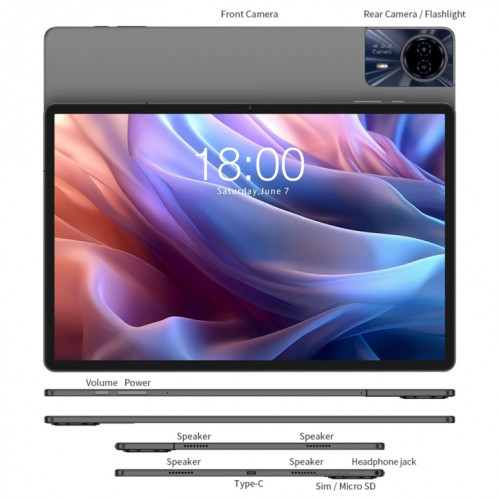 Tablette PC Teclast T65 Max 13 pouces, 8 Go + 256 Go, Android 14 MediaTek Helio G99 Octa Core, 4G LTE double SIM ST7201802-030