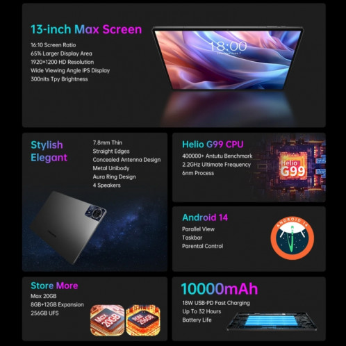 Tablette PC Teclast T65 Max 13 pouces, 8 Go + 256 Go, Android 14 MediaTek Helio G99 Octa Core, 4G LTE double SIM ST7201802-030