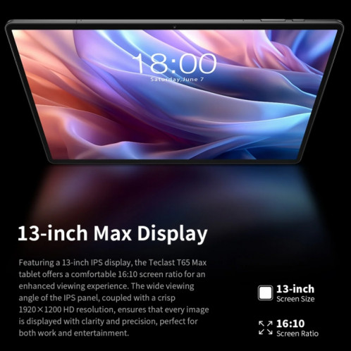 Tablette PC Teclast T65 Max 13 pouces, 8 Go + 256 Go, Android 14 MediaTek Helio G99 Octa Core, 4G LTE double SIM ST7201802-030
