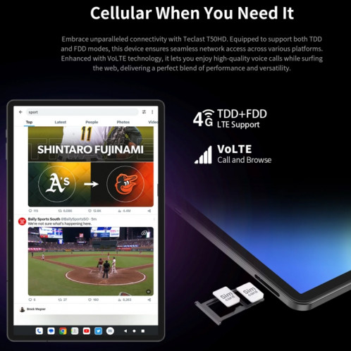 Tablette PC Teclast T50HD 11 pouces, 6 Go + 256 Go, Android 14 Unisoc T606 Octa Core, 4G LTE double SIM ST80011088-027