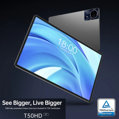 Tablette PC Teclast T50HD 11 pouces, 6 Go + 256 Go, Android 14 Unisoc T606 Octa Core, 4G LTE double SIM ST80011088-027