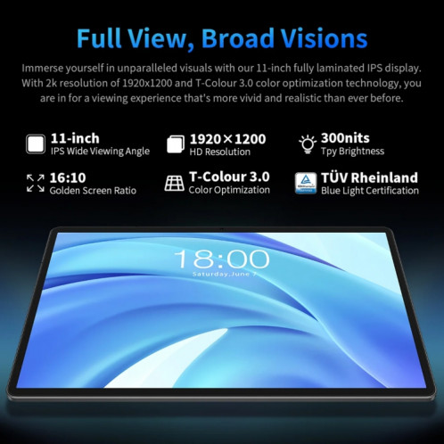 Tablette PC Teclast T50HD 11 pouces, 6 Go + 256 Go, Android 14 Unisoc T606 Octa Core, 4G LTE double SIM ST80011088-027
