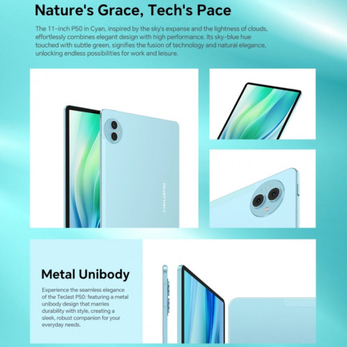 Teclast P50 Tablette PC 11 pouces, 6 Go + 128 Go, Android 14 Unisoc T606 Octa Core, 4G LTE Dual SIM (bleu glacier) ST601A230-024