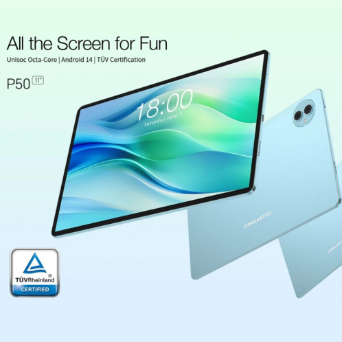 Teclast P50 Tablette PC 11 pouces, 6 Go + 128 Go, Android 14 Unisoc T606 Octa Core, 4G LTE Dual SIM (bleu glacier) ST601A230-024