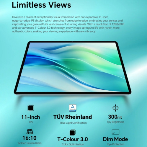 Teclast P50 Tablette PC 11 pouces, 6 Go + 128 Go, Android 14 Unisoc T606 Octa Core, 4G LTE Dual SIM (bleu glacier) ST601A230-024