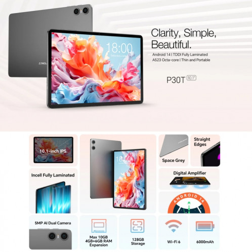 Tablette PC Teclast P30T 10,1 pouces WiFi6, 4 Go + 128 Go, Android 14 Allwinner A523 Octa Core ST0601901-020