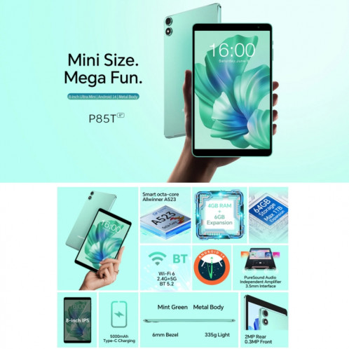 Teclast P85T Tablette PC 8 pouces WiFi6, 4 Go + 64 Go, Android 14 Allwinner A523 Octa Core (vert menthe) ST401A606-020