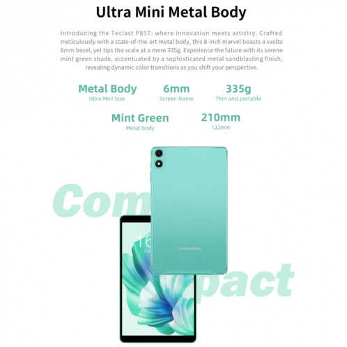 Teclast P85T Tablette PC 8 pouces WiFi6, 4 Go + 64 Go, Android 14 Allwinner A523 Octa Core (vert menthe) ST401A606-020