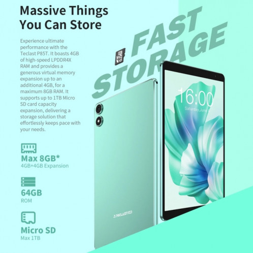 Teclast P85T Tablette PC 8 pouces WiFi6, 4 Go + 64 Go, Android 14 Allwinner A523 Octa Core (vert menthe) ST401A606-020