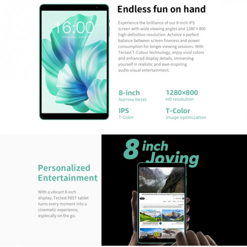 Teclast P85T Tablette PC 8 pouces WiFi6, 4 Go + 64 Go, Android 14 Allwinner A523 Octa Core (vert menthe) ST401A606-020