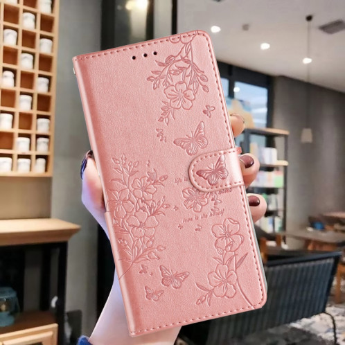 Pour Ulefone Note 14 Étui de téléphone en cuir gaufré avec fleur d'amour papillon (or rose) SH301D224-06