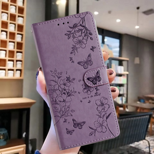 Pour Ulefone Note 14 Étui de téléphone en cuir gaufré avec motif papillon et fleur (violet) SH301E851-06