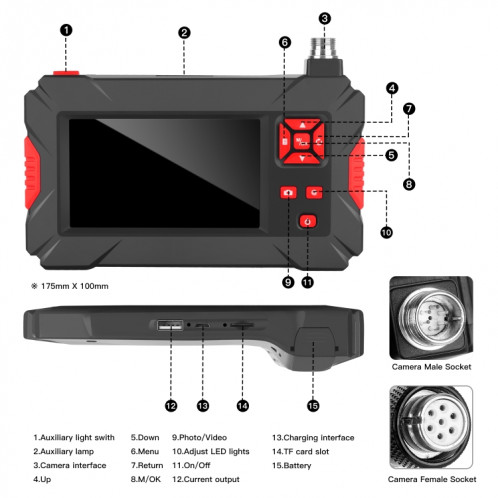 P30 8mm 1080P IP68 Endoscope numérique étanche à écran de 4,3 pouces à double caméra, longueur: 5 m de câble dur (noir) SH702A777-08