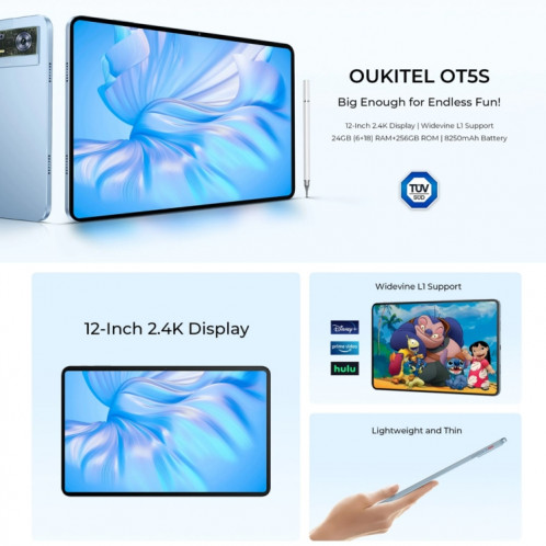  Tablette PC OUKITEL OT5S 12 pouces écran 2,4K, 6 Go + 256 Go, Android 14 Unisoc Tiger T606 Octa Core, prise en charge du réseau double SIM 4G, (gris) SO801B1882-023