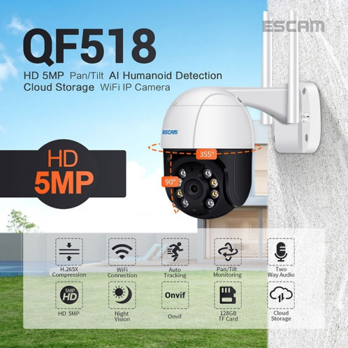 Caméra IP WiFi intelligente ESCAM QF518 5MP, prise en charge de la détection humanoïde AI / suivi automatique / double vision nocturne / stockage en nuage / carte audio bidirectionnelle / TF, prise: (blanc) SE601A1543-019