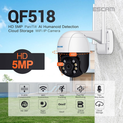 Caméra IP WiFi intelligente ESCAM QF518 5MP, prise en charge de la détection humanoïde AI / suivi automatique / vision nocturne à double lumière / stockage en nuage / carte audio bidirectionnelle / TF, prise: prise SE604A540-018