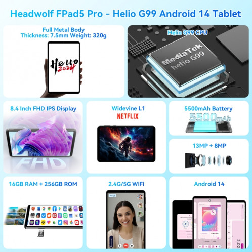Tablette PC HEADWOLF Fpad5 Pro 4G LTE, 8 Go + 256 Go, 8,4 pouces Android 14 MT6789 Octa Core Support Dual SIM, Version mondiale avec Google Play (Noir) SH301A987-010