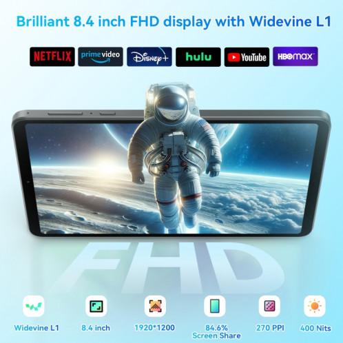 Tablette PC HEADWOLF Fpad5 Pro 4G LTE, 8 Go + 256 Go, 8,4 pouces Android 14 MT6789 Octa Core Support Dual SIM, Version mondiale avec Google Play (Noir) SH301A987-010