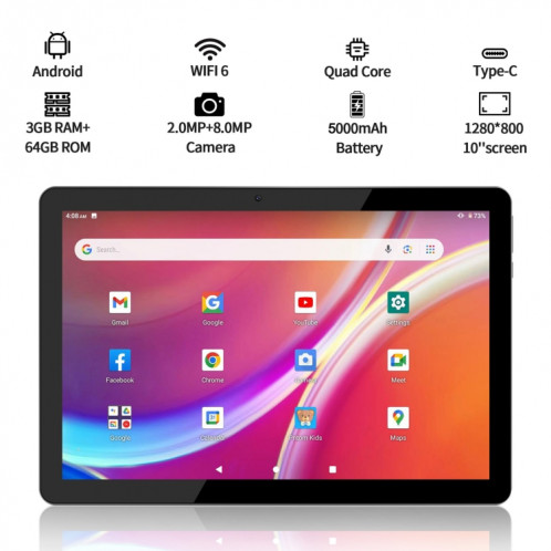 Tablette PC WiFi VASOUN M30A, 3 Go + 64 Go, 10,1 pouces, Android 13 RK3562 Quad Core CPU, version mondiale avec Google Play, prise américaine (bleu) SV201A1638-08