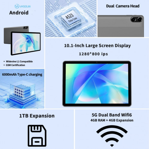 Tablette PC WiFi VASOUN E10, 4 Go + 64 Go, 10,1 pouces, Android 14 Allwinner A523 Octa Core CPU, version mondiale avec Google Play, prise américaine (gris) SV601A632-08