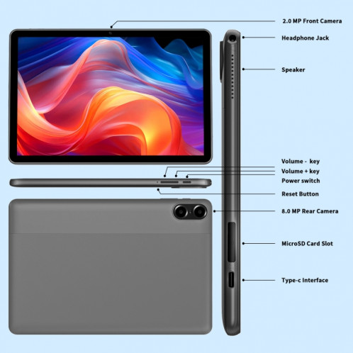 Tablette PC WiFi VASOUN E10, 4 Go + 64 Go, 10,1 pouces, Android 14 Allwinner A523 Octa Core CPU, version mondiale avec Google Play, prise américaine (gris) SV601A632-08