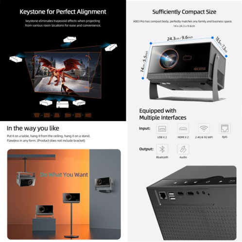 AUN A003 Pro 1920 x 1080P 350 Lumens Projecteur LED HD numérique portable pour cinéma maison, prise américaine (gris) SA401A6-08