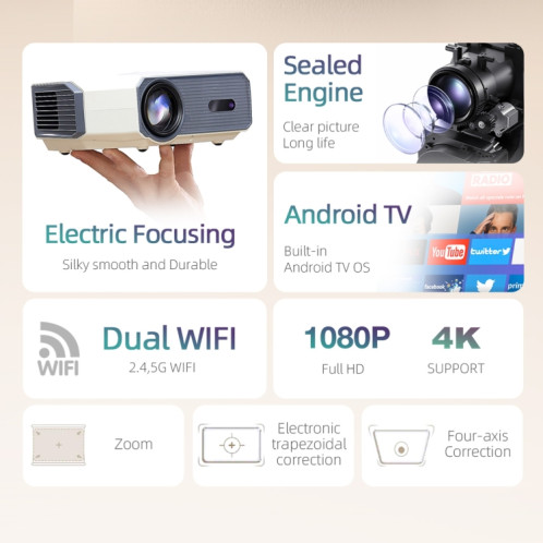 AUN A004 Pro Projecteur LCD portable 1920 x 1080P 9000 Lumen Android 9.0, prise américaine (blanc) SA501A608-016