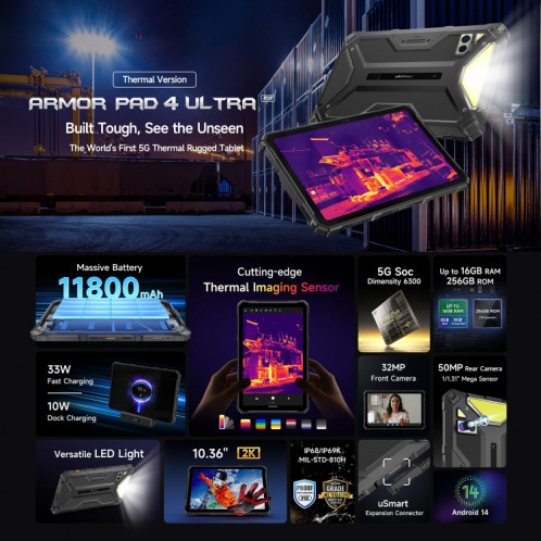  Tablette robuste Ulefone Armor Pad 4 Ultra Thermal Version, 8 Go + 256 Go, 10,36 pouces Android 14 MediaTek Dimensity 6300 Octa Core 5G Network, (noir) SU201A625-017