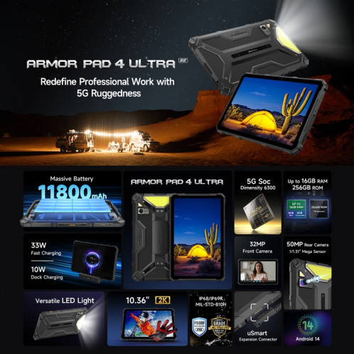  Tablette PC ultra robuste Ulefone Armor Pad 4, 8 Go + 256 Go, 10,36 pouces Android 14 MediaTek Dimensity 6300 Octa Core 5G Network, (noir) SU301A767-015