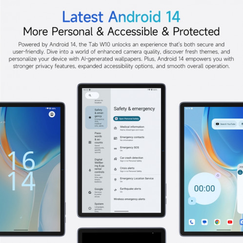  Tablette PC WiFi Ulefone Tab W10, 4 Go + 128 Go, 10,1 pouces Android 14 Unisoc T606 Octa Core, (gris sidéral) SU301A811-013