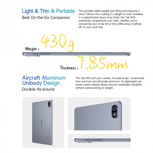  Tablette PC WiFi Ulefone Tab W10, 4 Go + 128 Go, 10,1 pouces Android 14 Unisoc T606 Octa Core, (gris sidéral) SU301A811-013