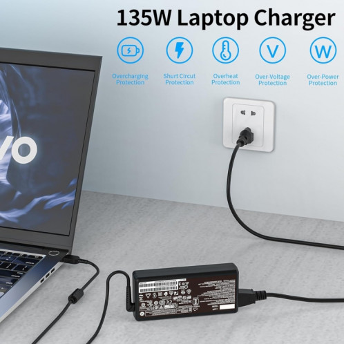 Adaptateur secteur pour ordinateur portable Lenovo 135 W 20 V 6,75 A avec prise USB, SH1601955-08