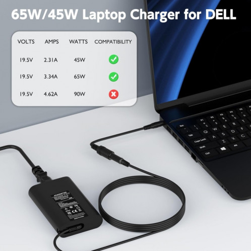 Adaptateur secteur pour ordinateur portable Dell 4,5 x 3,0 65 W 19,5 V 3,34 A, prise : prise britannique SH24031767-07
