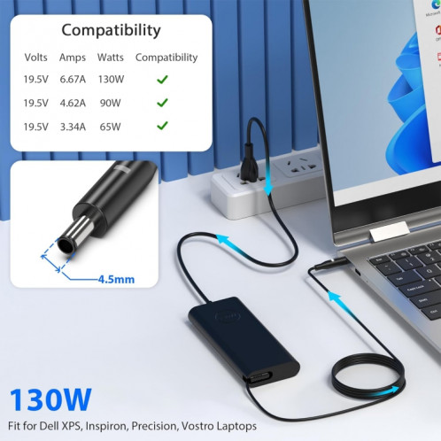 Adaptateur secteur pour ordinateur portable Dell 4,5 x 3,0 130 W 19,5 V 6,67 A, prise : prise américaine SH3002476-08