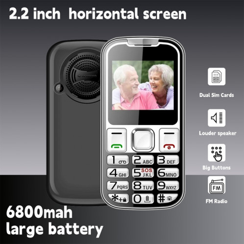 Téléphone à clavier W26 Elder, 2,2 pouces, 6800 mAh, 21 touches, SOS, FM, double SIM, GSM, prise : prise américaine (noir) SH102A1239-09