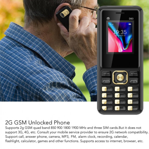 Téléphone à clavier D63 Elder, 1,77 pouces, 3600 mAh, SOS, FM, double SIM, GSM, prise : prise américaine (noir) SH802A1117-05