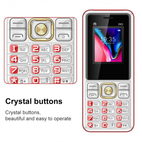 Téléphone à clavier D63 Elder, 1,77 pouces, 3600 mAh, SOS, FM, double SIM, GSM, prise : prise américaine (rouge) SH802C635-05