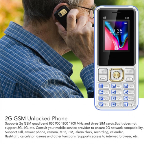 Téléphone à clavier D63 Elder, 1,77 pouces, 3600 mAh, SOS, FM, double SIM, GSM, prise : prise britannique (bleu) SH803B1472-05