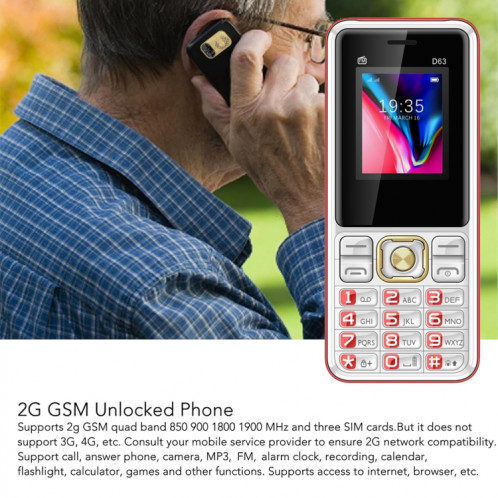 Téléphone à clavier D63 Elder, 1,77 pouces, 3600 mAh, SOS, FM, double SIM, GSM, prise : prise britannique (rouge) SH803C1388-05