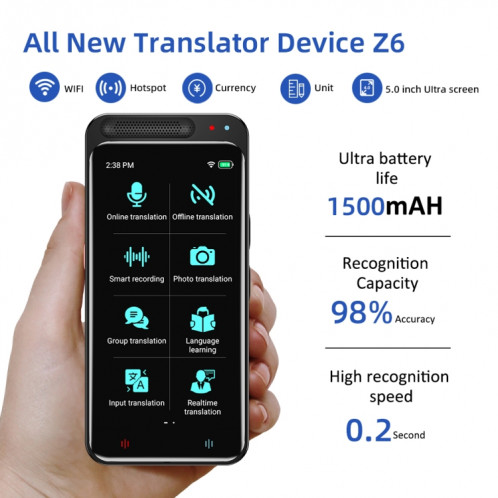 VORMOR Z6 Traducteur intelligent AI avec écran tactile HD de 5,0 pouces 139 langues avec traduction hors ligne / traduction de photos SH41021121-09
