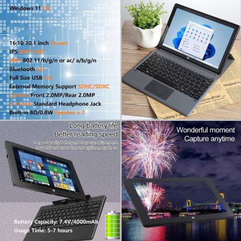 Tablette PC 2 en 1 HONGSAMDE 10,1 pouces, 12 Go + 128 Go, Windows 11, Intel Gemini Lake J4125 Quad Core sans clavier () SH202A1462-05