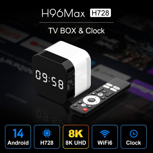 H96Max 8K UHD Android 14 Smart TV Box avec télécommande, 4 Go + 32 Go, Allwinner H728 Octa-Core () SH602A248-013