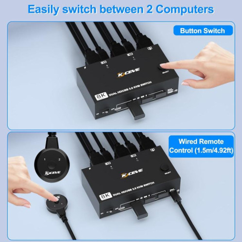 Commutateur KVM double écran 8K 60 Hz USB3.0 / HDMI 2 ports KC-KVM8202, SH6302146-08