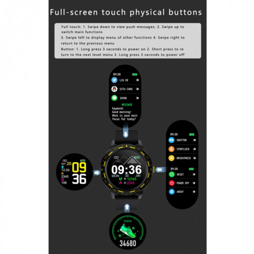 S18 1,3 pouces écran TFT IP67 Bracelet de montre intelligente étanche, moniteur de sommeil de soutien / moniteur de fréquence cardiaque / surveillance de la pression artérielle (noir jaune) SH001A900-013