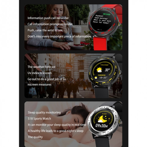 S18 1,3 pouces écran TFT IP67 Bracelet de montre intelligente étanche, moniteur de sommeil de soutien / moniteur de fréquence cardiaque / surveillance de la pression artérielle (noir rouge) SH001B890-013