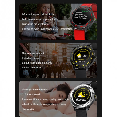 S18 1,3 pouces écran TFT IP67 Bracelet de montre intelligente étanche, moniteur de sommeil de soutien / moniteur de fréquence cardiaque / surveillance de la pression artérielle SH001E1222-013