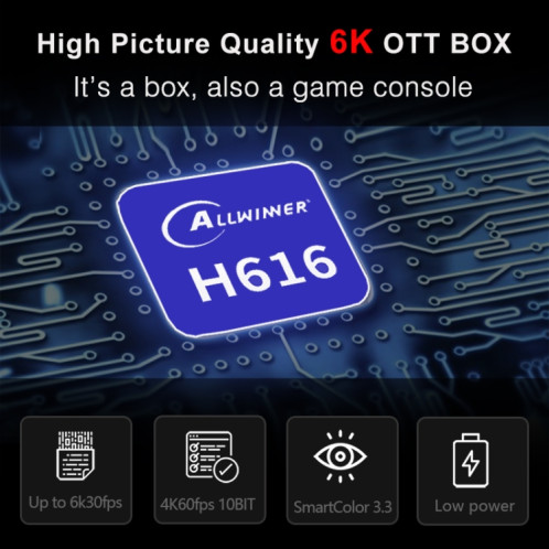 H96 MAX 6K ULTRA HD Smart TV Boîte avec télécommande, Android 10.0, ALLWINNER H616 ALLWINNER H616 ARM CORE CORTEX-A53, 2GB + 16 Go, Carte TF / USBX2 / AV / HDMI / WiFi, Plug UK SH28021122-013