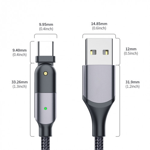 ZFXCT-WY0G 3A USB vers USB-C / Type-C Câble de charge coude rotatif à 180 degrés, longueur: 1,2 m (gris) SH201A430-016