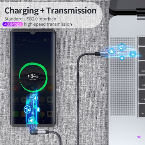 FXCTL-WY0G 60W 3A USB-C / Type-C à Type-C Câble de charge rapide coude rotatif à 180 degrés, longueur: 1,2 m (gris) SH601A1273-015